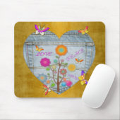 Denim Pocket Heart Flowers Butterflies op Gold Muismat (Met muis)