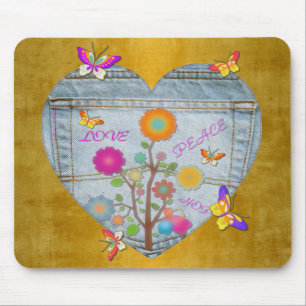 Denim Pocket Heart Flowers Butterflies op Gold Muismat