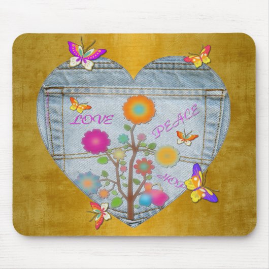 Denim Pocket Heart Flowers Butterflies op Gold Muismat (Voorkant)