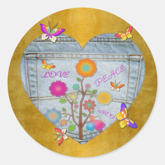 Denim Pocket Heart Flowers Butterflies op Gold Ronde Sticker (Voorkant)