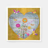 Denim Pocket Heart Flowers Butterflies op Gold Servet (Voorkant)