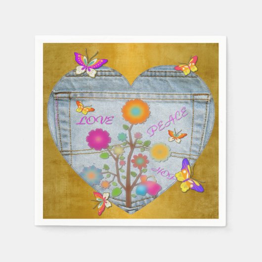 Denim Pocket Heart Flowers Butterflies op Gold Servet (Voorkant)