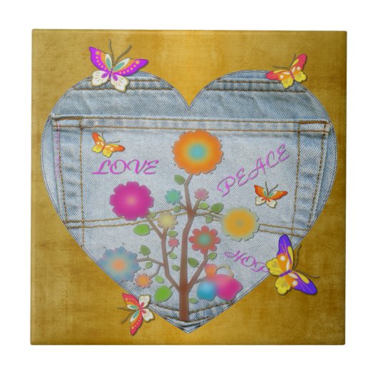 Denim Pocket Heart Flowers Butterflies op Gold Tegeltje (Voorkant)