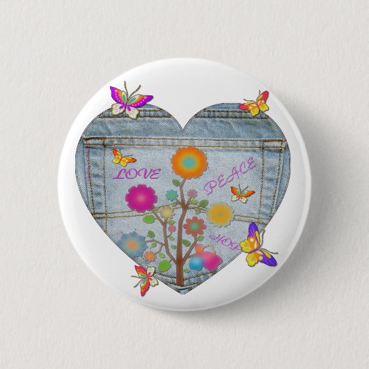 Denim Pocket Heart Flowers Butterflies Ronde Button 5,7 Cm (Voorkant)