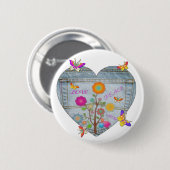 Denim Pocket Heart Flowers Butterflies Ronde Button 5,7 Cm (Voorkant /achterkant)