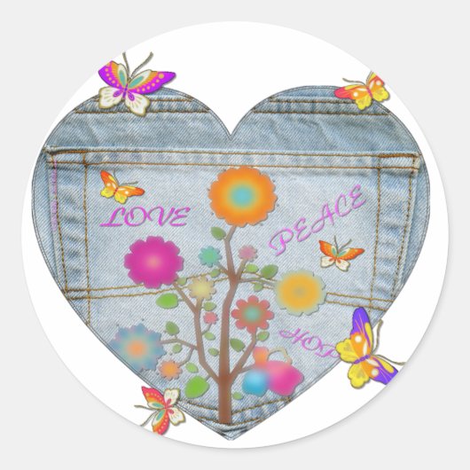 Denim Pocket Heart Flowers Butterflies Ronde Sticker (Voorkant)