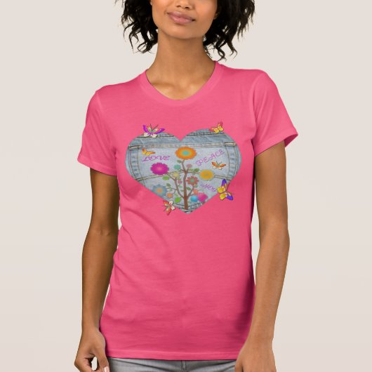 Denim Pocket Heart Flowers Butterflies Roze T-shirt (Voorkant)