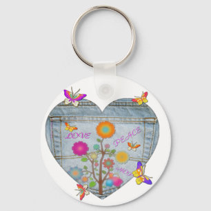 Denim Pocket Heart Flowers Butterflies Sleutelhanger