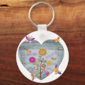 Denim Pocket Heart Flowers Butterflies Sleutelhanger (Voorkant)