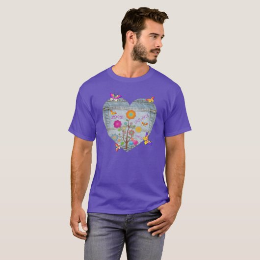 Denim Pocket Heart Flowers Butterflies T-Shirt (Voorkant volledig)