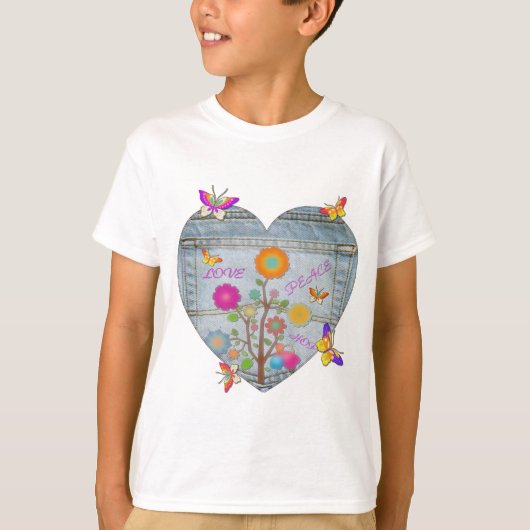 Denim Pocket Heart Flowers Butterflies T-shirt (Voorkant)