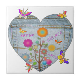 Denim Pocket Heart Flowers Butterflies Tegeltje