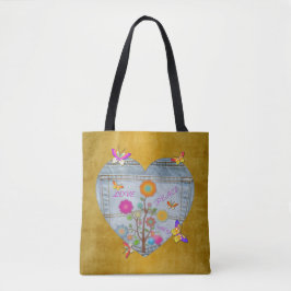 Denim Pocket Heart Flowers Butterflies Tote Bag