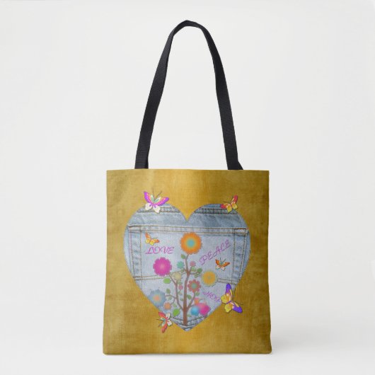 Denim Pocket Heart Flowers Butterflies Tote Bag (Voorkant)