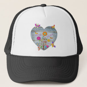 Denim Pocket Heart Flowers Butterflies Trucker Pet