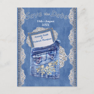 Denim Pocket met Cream Flower Lace Aankondigingskaart