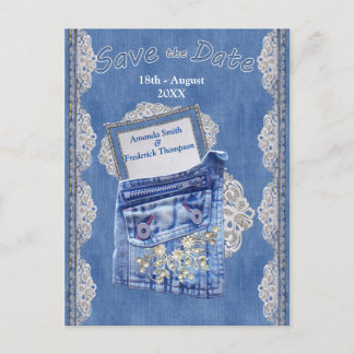 Denim Pocket met Crème Bloem Kant Aankondigingskaart