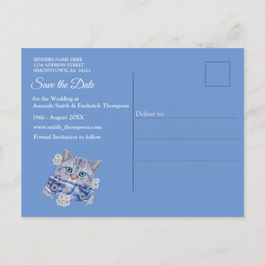 Denim Pocket met kostuum sieraden en een kitten Aankondigingskaart (Achterkant)