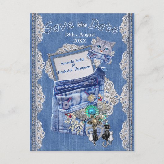 Denim Pocket met kostuum sieraden en een kitten Aankondigingskaart (Voorkant)