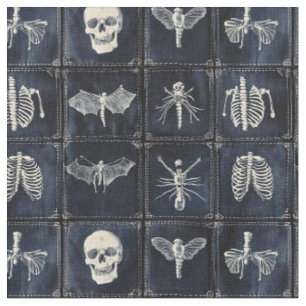 Denim Quilt met schedels en insecten Stof