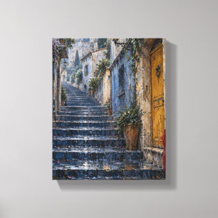 Denim Regen op de Blauwe Treden Europese Straat Ca Canvas Afdruk