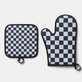 Denim rinse checkerboard pattern ovenwant & pannenlap set