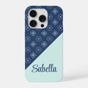 Denim Stijl Blauw en Mint Bloem Tegels Patroon iPhone 15 Pro Case