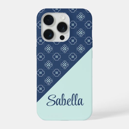 Denim Stijl Blauw en Mint Bloem Tegels Patroon iPhone Hoesje (Achterkant)