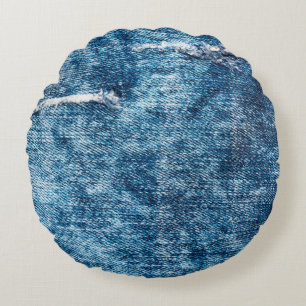 Denim texture.Blauwe jeans met threads en gaten vo Rond Kussen