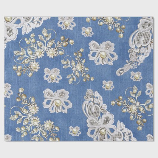Denim Textured Lace en Pearls Cadeaupapier (Vlak)