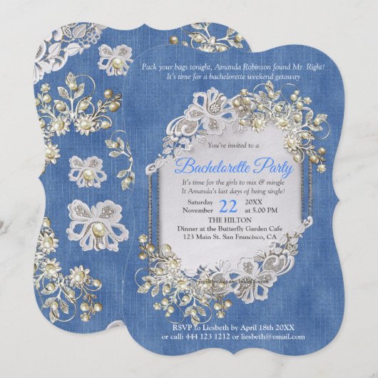 Denim Textured Lace en Pearls Kaart (Voorkant / Achterkant)