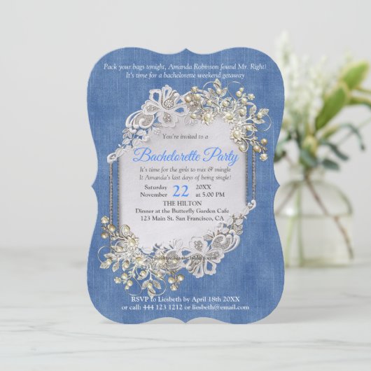 Denim Textured Lace en Pearls Kaart (Staand voorkant)