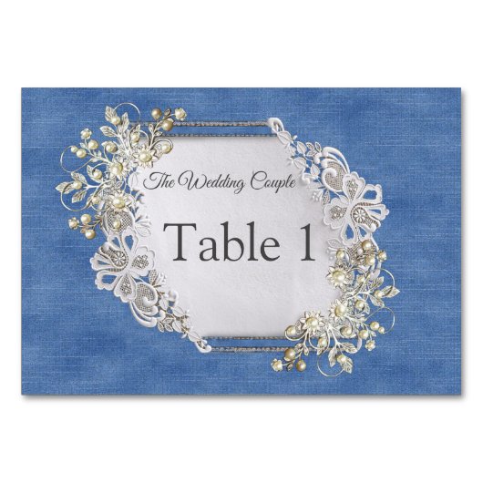 Denim Textured Lace en Pearls Kaart (Voorkant)