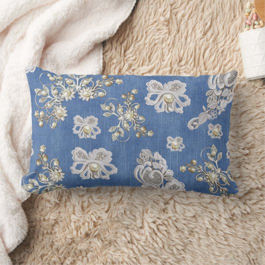 Denim Textured Lace en Pearls Kussen (Deken)