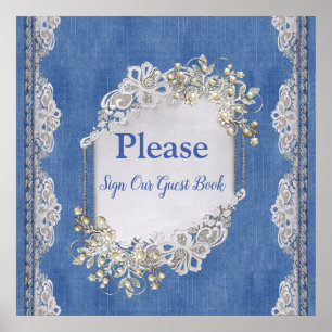 Denim Textured Lace en Pearls Poster