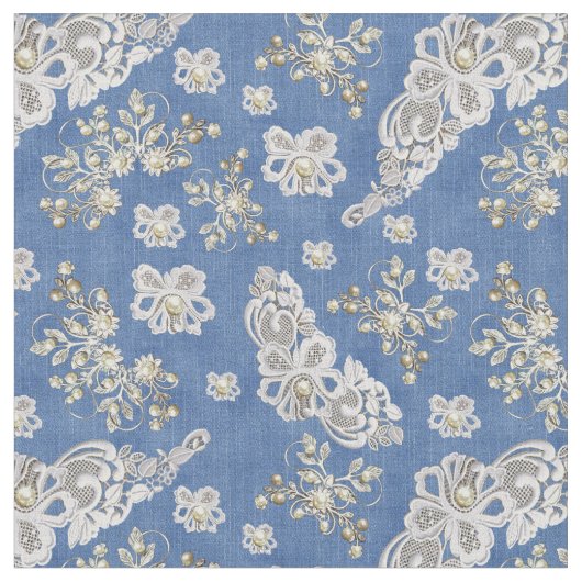 Denim Textured Lace en Pearls Stof (Close Up)