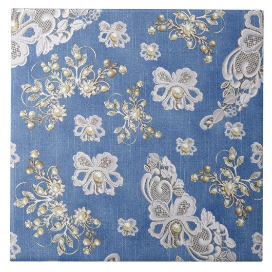 Denim Textured Lace en Pearls Tegeltje (Voorkant)