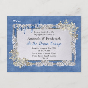 Denim Textured Lace en Pearls Uitnodiging Briefkaart