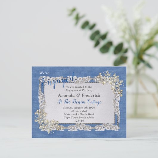 Denim Textured Lace en Pearls Uitnodiging Briefkaart (Staand voorkant)