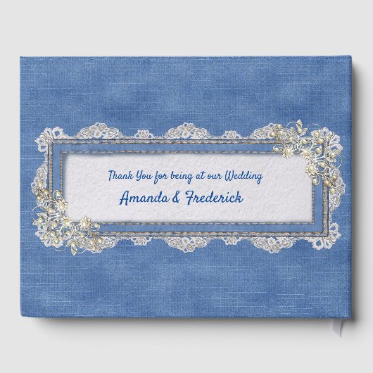 Denim-textuur Ivory-parels en kant Gastenboek (Achterkant)