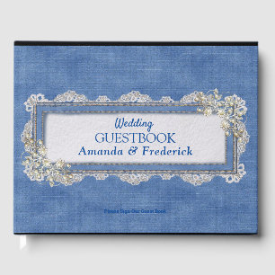 Denim-textuur Ivory-parels en kant Gastenboek