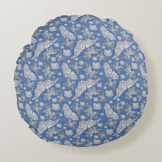 Denim Textuur Kant en Parels Rond Kussen (Voorkant)