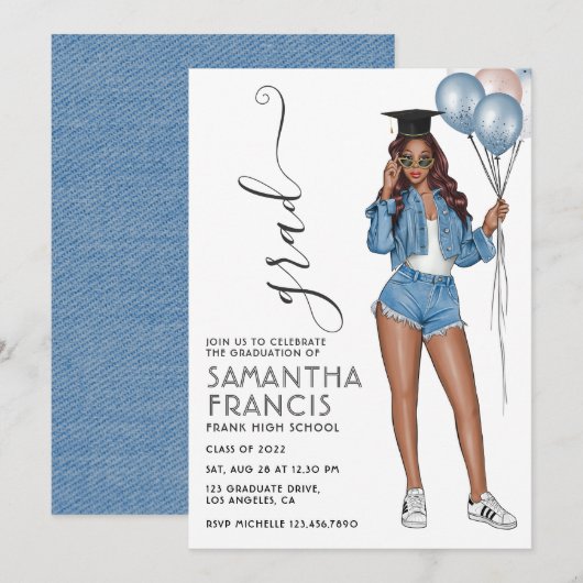 Denim thema Meisjes Afstudeerfeest Kaart (Voorkant / Achterkant)