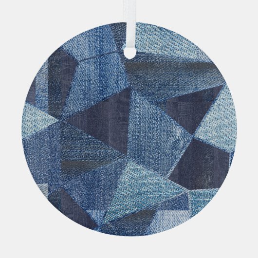 Denim Urban: Gestreepte patchwork. Glas Ornament (Achterkant)