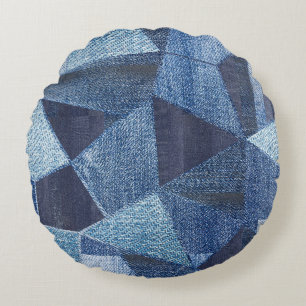 Denim Urban: Gestreepte patchwork. Rond Kussen