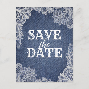 Denim & White Floral Lace Elegant Save the Date Aankondigingskaart