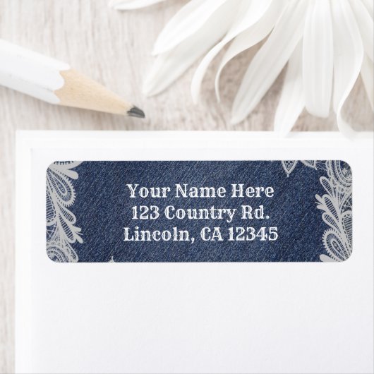 Denim & White Floral Lace Elegant Wedding Etiket (Insitu)