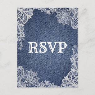 Denim & White Floral Lace Elegant Wedding RSVP Uitnodiging Briefkaart