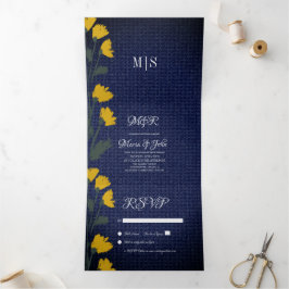Denim & Wilde Bloemen Bruiloft Tri-Fold uitnodigin Drieluik Uitnodiging
