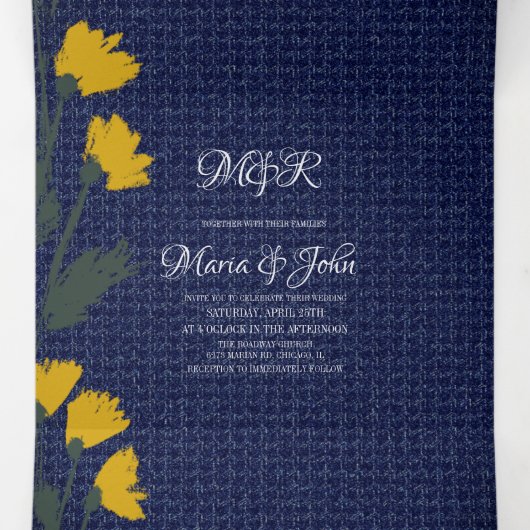 Denim & Wilde Bloemen Bruiloft Tri-Fold uitnodigin Drieluik Uitnodiging (Binnenkant midden)